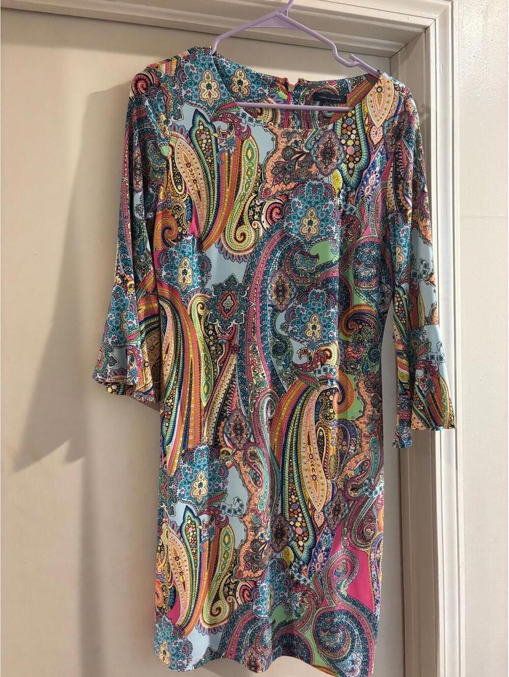 Tommy Hilfiger Paisley Print Dress Colorful Boho Bell Sleeve Stretch Midi Dress
